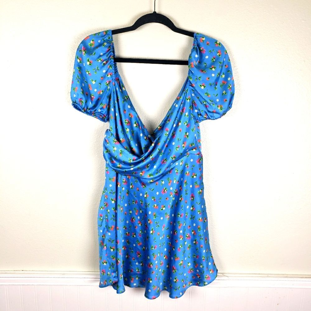 Women's Zara Blue Raspberry Strawberry Stain Criss Cross Draped Puffy Sleeve Top